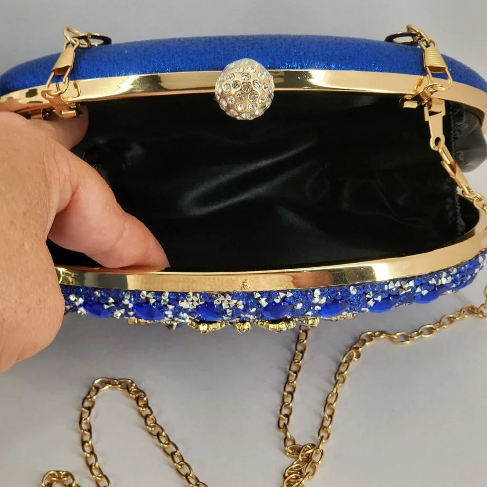Blue Crystal Embellished Evening Clutch Bag Gold Handle & Chain Strap By RAMLA! - Picture 7 of 11
